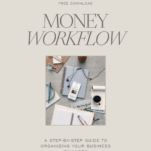 Photo of desk with phone and caption: Free Download Money Workflow