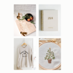 Tan Background with Caption: Shop Small Business Gift Guide and Collage of Items From Small Businesses