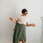 Photo of Kathryn Hager of Ramble and Co wearing hand-printed t-shirt and skirt