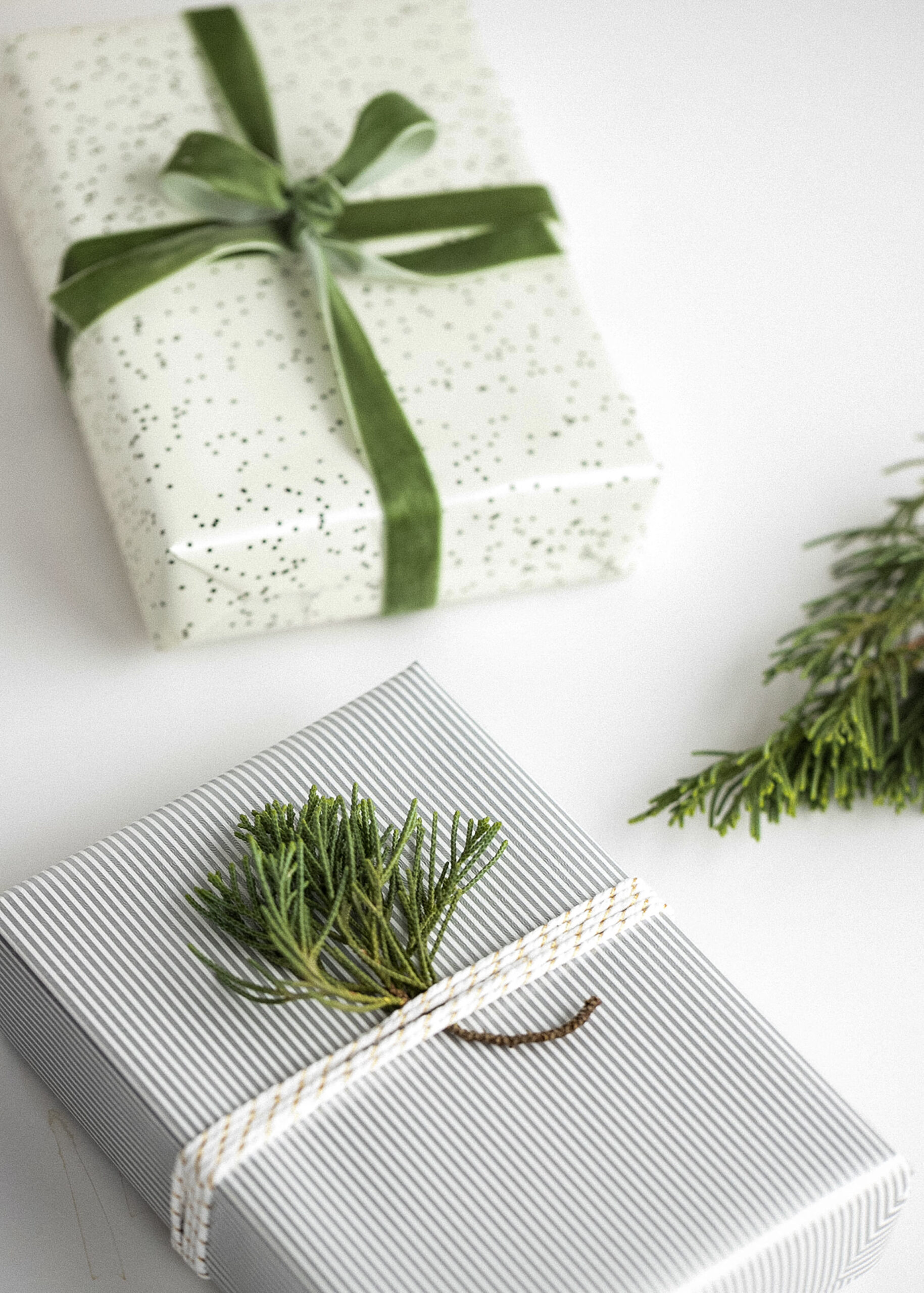 Presents wrapped in velvet ribbon